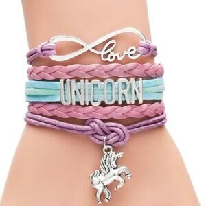 Unicorn charm bracelet, purple pink blue layered band with silver-tone charms